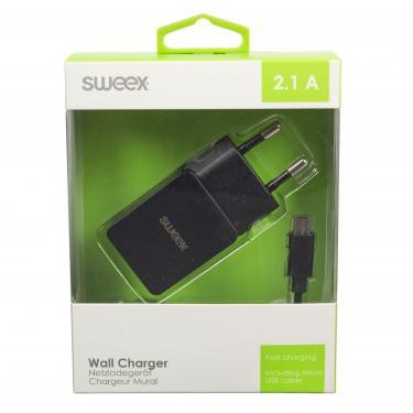 USB fali töltő (SWEEX) 5V 2.1A + micro USB kábel